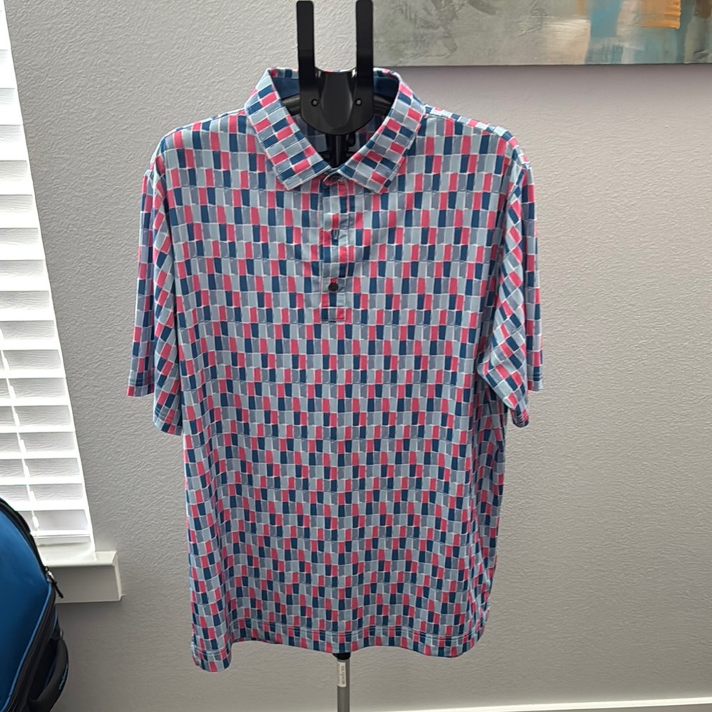 FootJoy Blue and Red Polo Shirt with Geometric Design